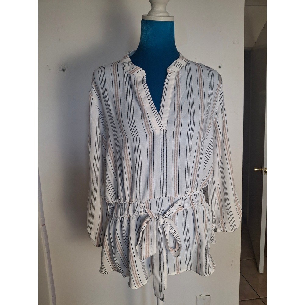 Sweet Rain Striped V-Neck Blouse White Navy Tan Roll Tab Sleeve Peplum Top L